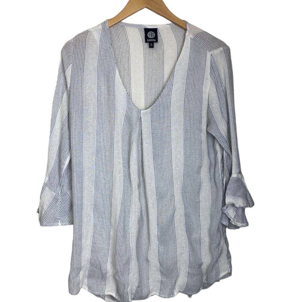 Bobeau  Women’s Tunic Length Blouse White Gray Stripe Sparkle Size Large